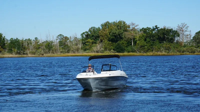 Slide: The Image of A 2025 Bayliner VR4 Bowrider OB cruising on calm waters with a wooded shoreline. - 3