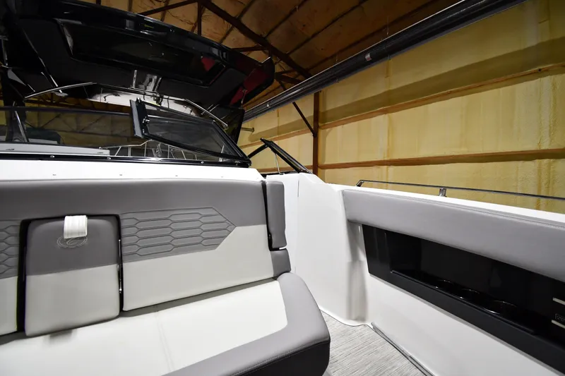 Slide: The Image of 2024 Cobalt A29 boat interior with sleek seating and modern design. - 25