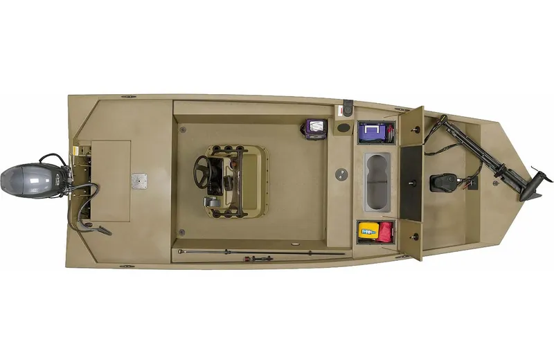 Slide: The Image of Manufacturer Provided Image: Top view of a 2015 G3 1756 CC boat with storage compartments and motor. - 10