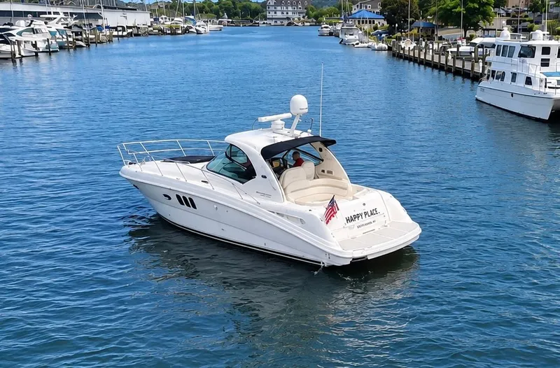 Slide: The Image of A white motorboat, Sea Ray 390 Sundancer, cruising on a calm waterway. - 3