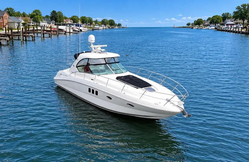 Slide: The Image of The 2010 Sea Ray 390 Sundancer cruises on calm waters with houses lining the shore. - 2