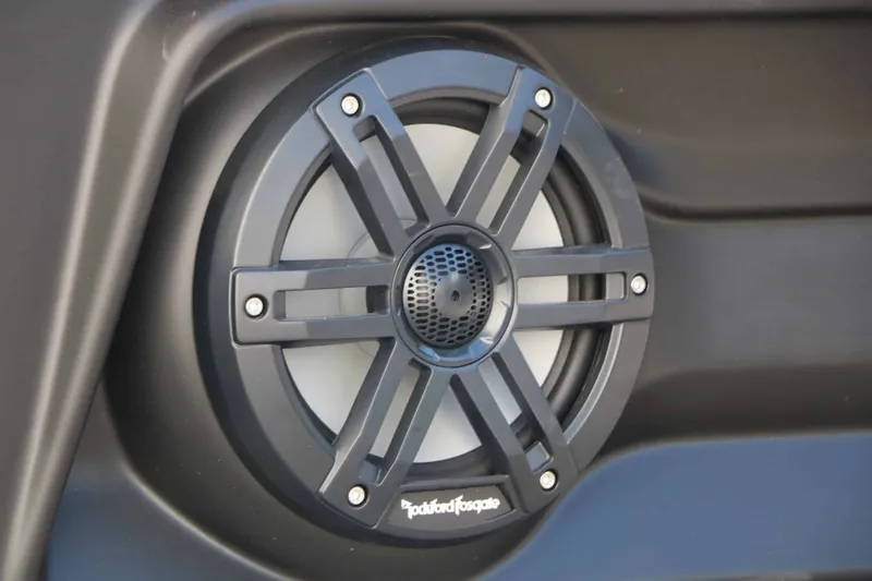 Slide: The Image of Close-up of a speaker on a Bennington 22 MSB Tri Toon boat. - 25
