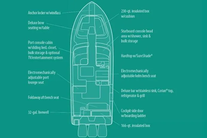 Slide: The Image of Manufacturer Provided Image: Diagram of 2021 Grady-White Freedom 335 boat layout with labeled features. - 82