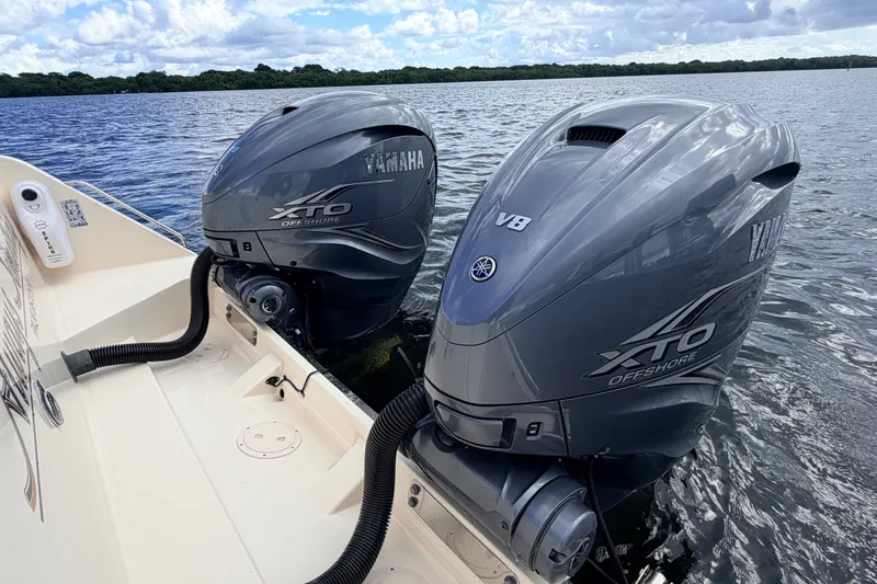 Slide: The Image of 2021 Grady-White Freedom 335 with Yamaha XTO Offshore V8 engines on water. - 69