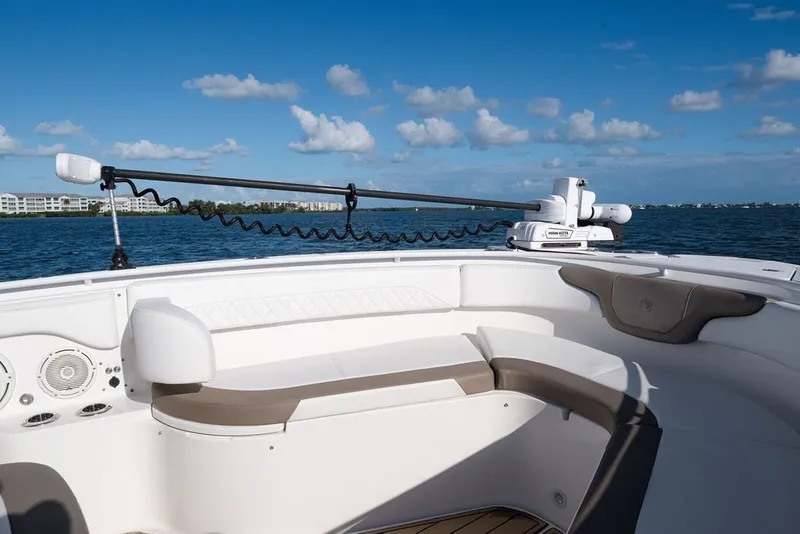 Slide: The Image of Edgewater 370CC 2020 boat interior with seating, on a sunny day at sea. - 66