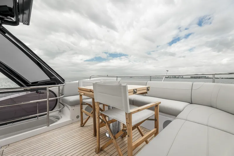 Slide: The Image of Luxurious 2023 Sunseeker Manhattan 55 yacht deck with seating and ocean view. - 45