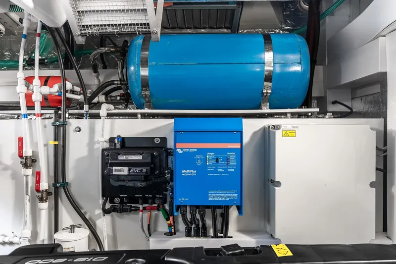 Slide: The Image of Engine room of 2023 Sunseeker Manhattan 55 yacht with electrical and plumbing systems. - 61
