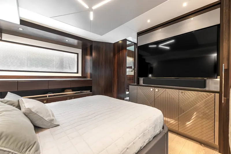 Slide: The Image of Luxurious bedroom interior of 2023 Sunseeker Manhattan 55 yacht with modern design elements. - 47