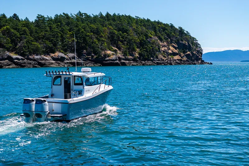 Slide: The Image of Ocean Sport 27 boat cruising near a forested coastline, 2025 model. - 30