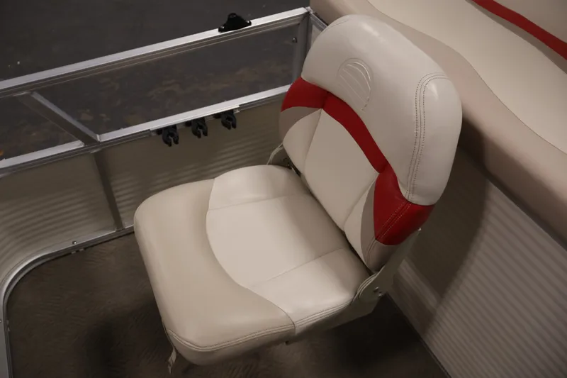 Slide: The Image of 2008 Sun Tracker Fishin' Barge 21 boat seat with red and white upholstery. - 34