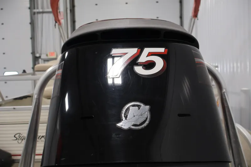Slide: The Image of Outboard motor with "75" decal on a 2008 Sun Tracker Fishin' Barge 21. - 39