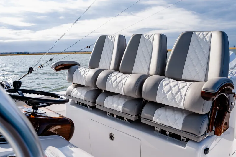 Slide: The Image of Luxurious seating on 2025 Valhalla V-33 boat, featuring elegant design and premium materials. - 20