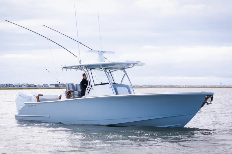 Slide: The Image of 2025 Valhalla V-33 boat on water, featuring sleek design and fishing rods. - 2