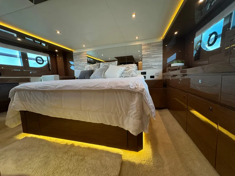 Slide: The Image of Luxurious bedroom interior of 2021 Cruisers Yachts 60 Cantius Flybridge with modern design. - 28