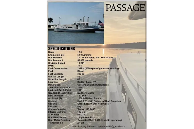 Slide: The Image of Custom Thomas 50 Dutch Barge, 2009 model, detailed specifications and contact information. - 10