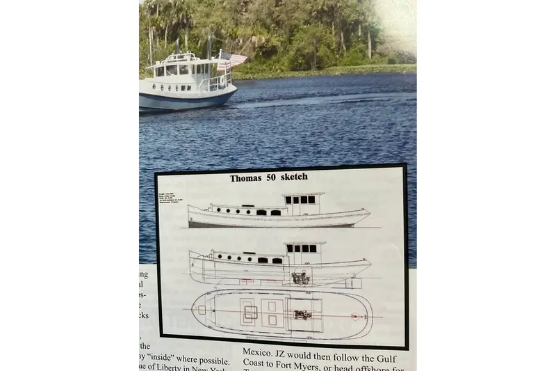 Slide: The Image of Custom Thomas 50 Dutch Barge 2009 with design sketch, cruising on a scenic waterway. - 9