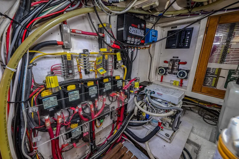 Slide: The Image of Electrical system of a 2002 Grand Banks 46 Classic yacht, showcasing wiring and components. - 34