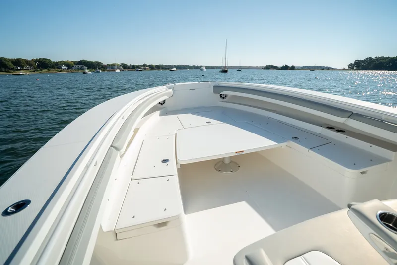 Slide: The Image of The boat features a spacious bow area with seating and a table, surrounded by calm waters. - 16