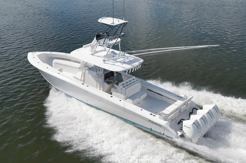 Slide: The Image of 2020 Bahama 41 boat cruising on water with powerful outboard engines. - 24