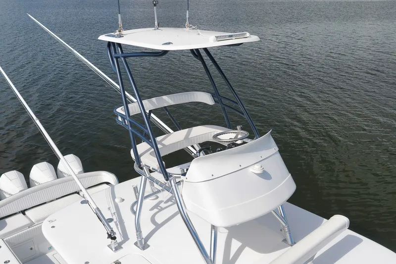 Slide: The Image of Tower view of 2020 Bahama 41 boat with multiple outboard engines. - 30