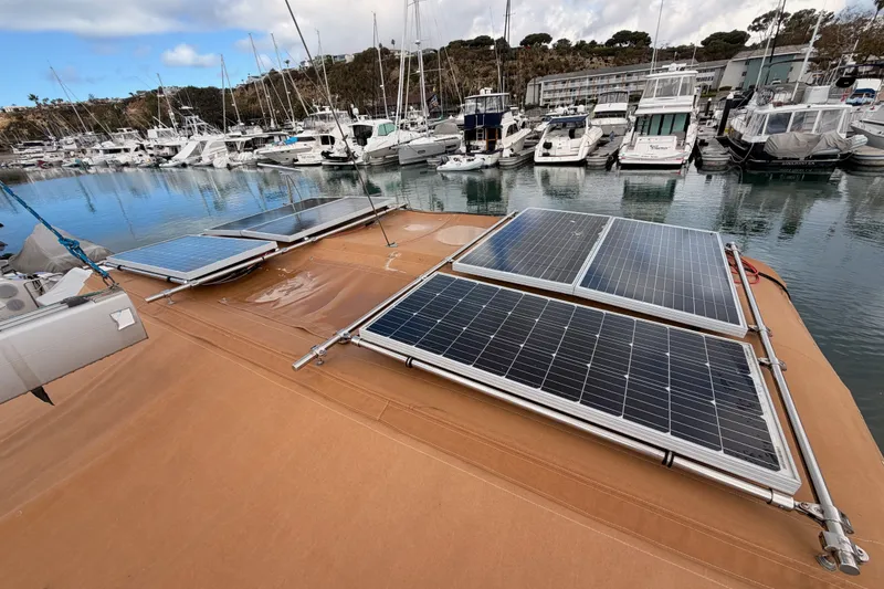 Slide: The Image of Solar panels on Jeanneau Sun Odyssey 469 yacht, docked in a marina, 2015 model. - 20