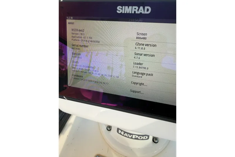 Slide: The Image of Simrad NSS9 evo2 display on Austin Parker 2510DV, 2001 model, showing system information. - 15