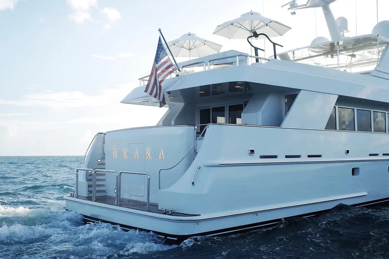 Slide: The Image of Luxury yacht "Ukara" by Delta Marine, 110 Raised Pilothouse, 1994, cruising on open sea. - 9