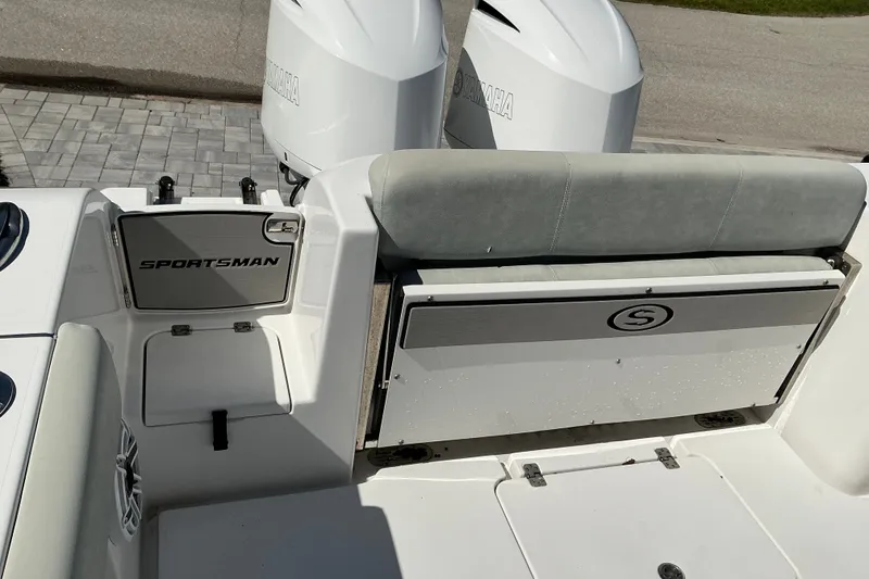 Slide: The Image of 2019 Sportsman Open 312 Center Console boat interior with Yamaha engines. - 58