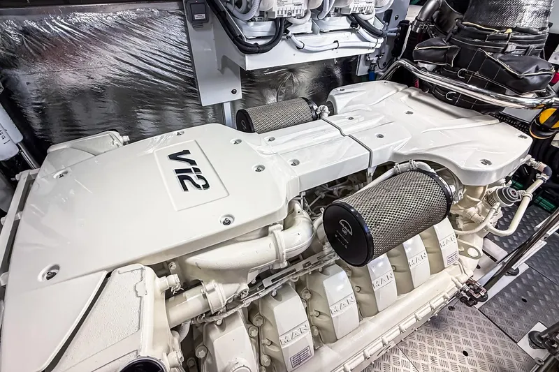 Slide: The Image of Engine room of 2026 Princess S65 Sportbridge yacht with V12 engine. - 100