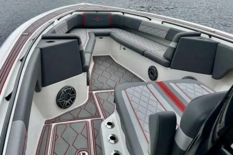 Slide: The Image of 2022 Fountain 38 SC boat interior with stylish seating and modern design. - 3