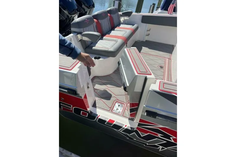 Slide: The Image of 2022 Fountain 38 SC boat interior with seating and deck details. - 5