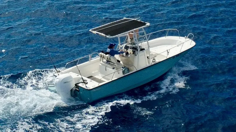 The Image of A 2026 Boston Whaler 210 Montauk cruising on open water with two people on board. - 0