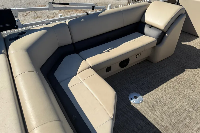 Slide: The Image of Luxurious seating on 2020 SunCatcher V322C pontoon boat with beige upholstery. - 19