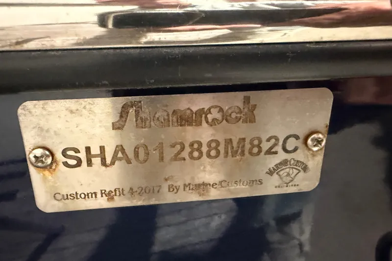 Slide: The Image of Metal plate on Shamrock 200 Open boat, 1982 model, custom refit in 2017. - 14