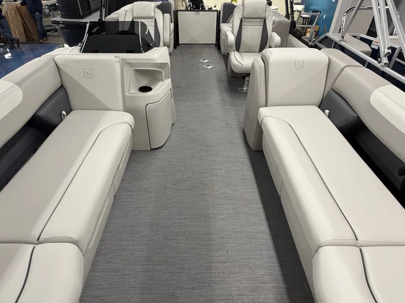 Slide: The Image of Interior of a 2026 Godfrey SW 2286 SBC with gray upholstered seating and modern design. - 13