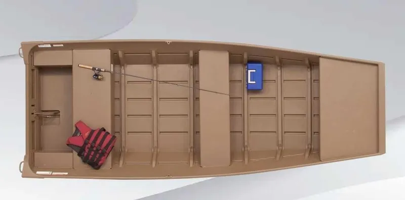 The Image of A simple, open boat with a fishing rod holder, life jacket, and cooler. - 0