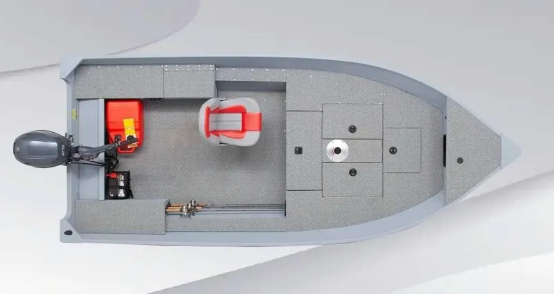 The Image of Top view of a gray boat with a red seat and motor at the stern. - 0