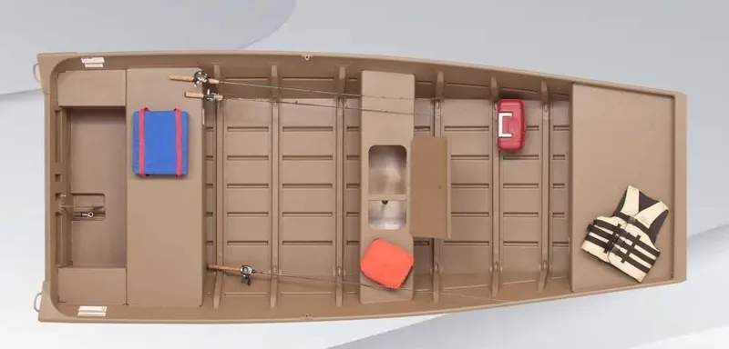 The Image of The image shows a 2027 G3 1448 LW boat with fishing gear and a life jacket. - 0
