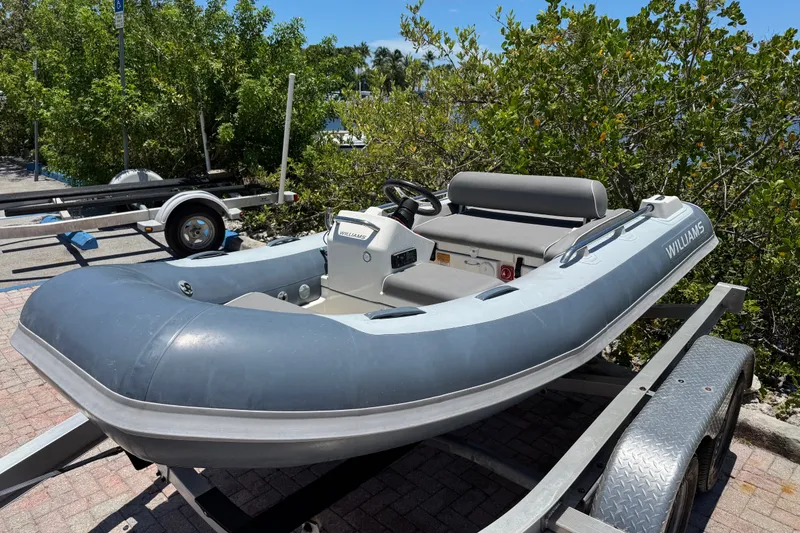 Slide: The Image of 2019 Williams Jet Tenders Sportjet 345 on trailer, surrounded by greenery. - 6