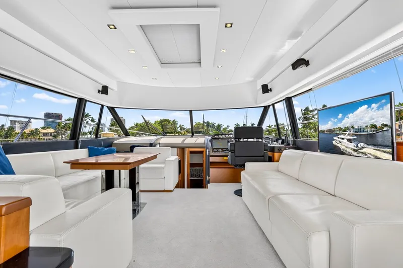 Slide: The Image of Luxurious interior of 2013 Prestige 620 yacht with white seating and panoramic windows. - 35