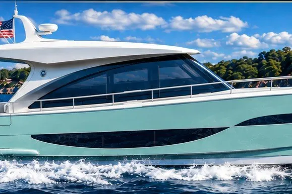 Slide: The Image of 2026 Monarch 45 GT yacht cruising on blue waters with scenic background. - 5