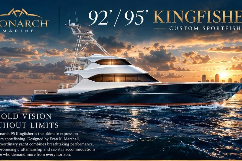 The Image of Luxury Monarch Kingfisher yacht at sunset, showcasing sleek design and craftsmanship, 2026 model. - 1