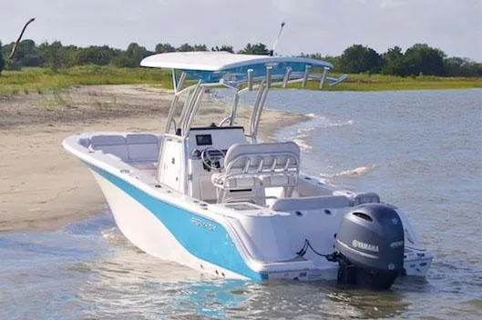 Slide: The Image of Manufacturer Provided Image: 2022 Sea Fox 228 Commander boat docked on a sandy shore. - 2