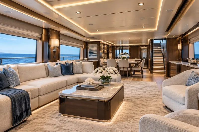 Slide: The Image of Luxurious interior of 2026 Monarch 75 Dauntless yacht with elegant seating and ocean view. - 3