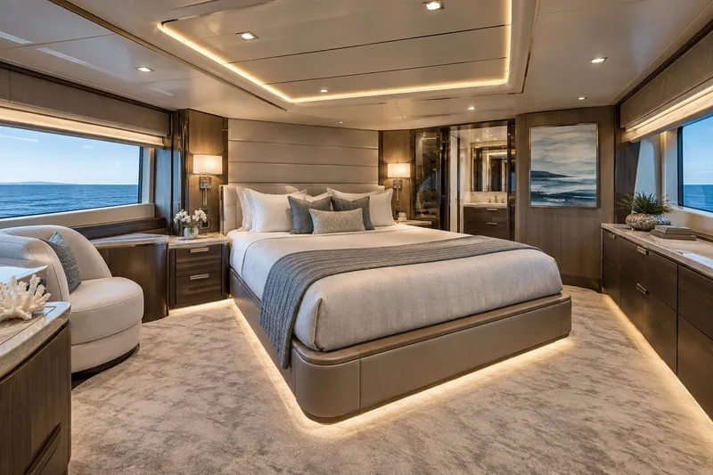 Slide: The Image of Luxurious bedroom interior of 2026 Monarch 75 Dauntless yacht with ocean view. - 5