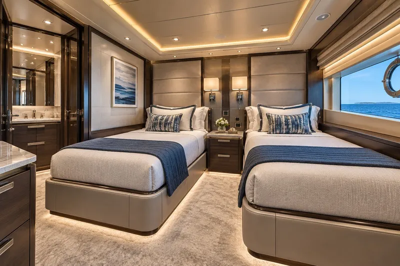 Slide: The Image of Luxurious 2026 Monarch 75 Dauntless yacht bedroom with twin beds and ocean view. - 6