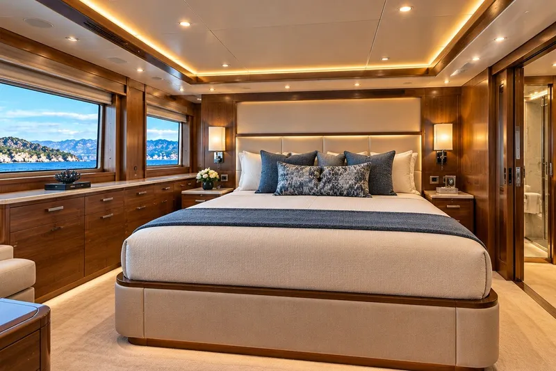 Slide: The Image of Luxurious bedroom interior of 2026 Monarch 66 Dauntless yacht with elegant wood finishes. - 5
