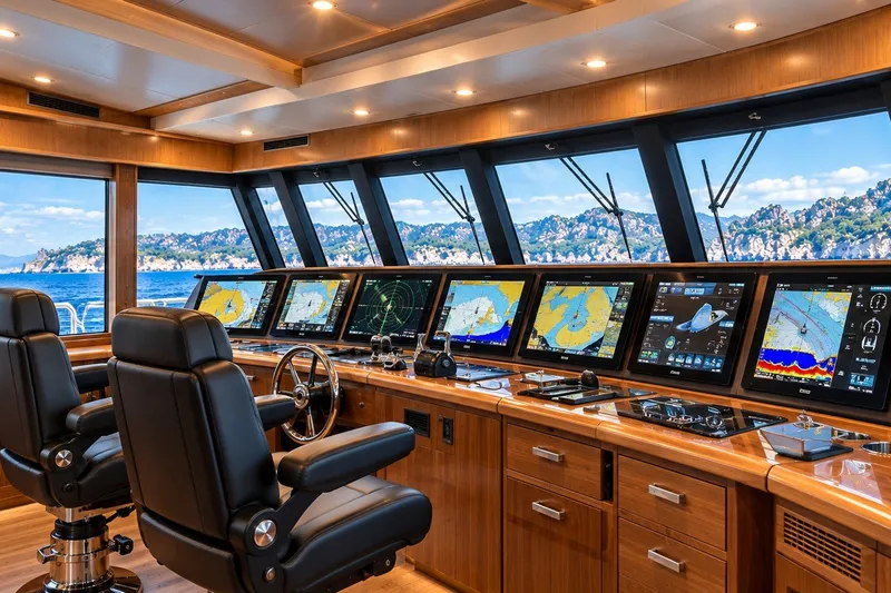 Slide: The Image of Luxurious 2026 Monarch 66 Dauntless yacht cockpit with advanced navigation systems and panoramic ocean views. - 4