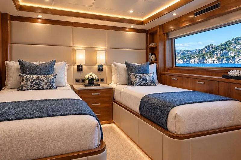 Slide: The Image of Luxurious twin bedroom on 2026 Monarch 66 Dauntless yacht with ocean view. - 6