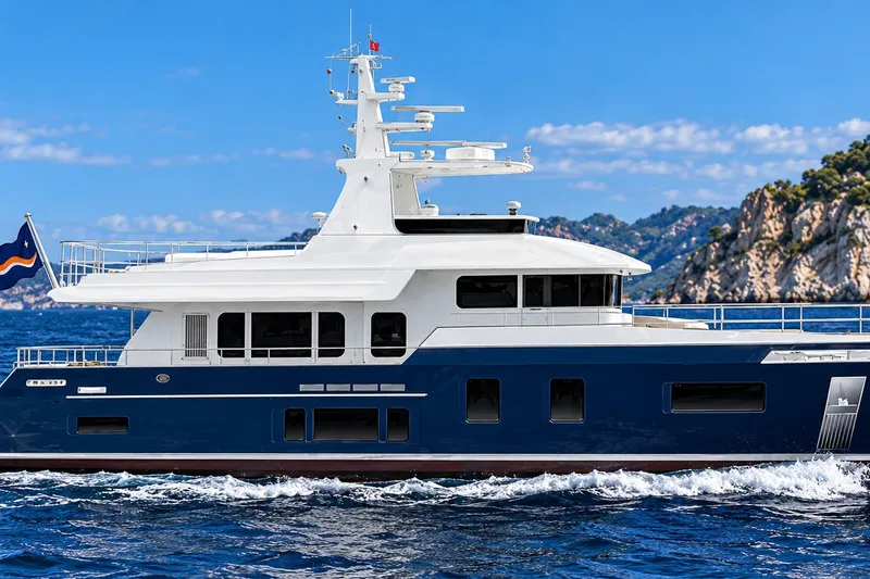 The Image of Luxurious 2026 Monarch 66 Dauntless yacht cruising on a clear blue sea. - 1